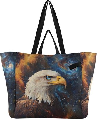 Generic Space Blue Hawk pattern Reusable Canvas Tote Bag, Heavy Duty Grocery Shopping Bag with Hard Bottom Large Capacity Double Handles Work Groceries Travel