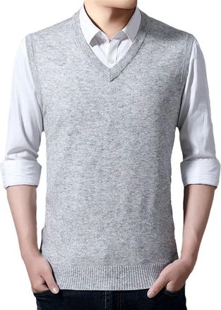 Generic Mens Solid Color Wool Vest V-Neck Knitted Vest Youth Casual Pullover Sleeveless Waistcoats Light gray 52 XL