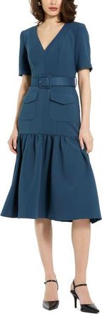 Mac Duggal Crepe 3/4 Sleeve Belted and Pocketed Midi Dress in Deep Blue at Nordstrom