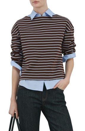 Mango Stripe Boatneck Sweatshirt in Chocolate at Nordstrom, Size Xx-Small