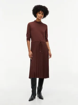 Tommy Hilfiger Womens Mixed-Media Pleated Midi Dress - Pure Brown - XXL