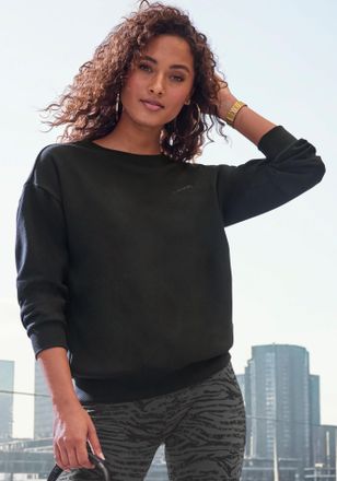 Buffalo Sweater BUFFALO, Damen, Gr. 32/34, schwarz, Sweatware, Obermaterial: 60% Baumwolle, 40% Polyester, bestickt, unifarben, normal h&uuml;ftlang, Rundhals, Rip