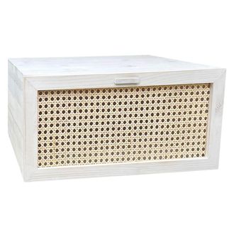 NATYAL Mesita de noche suspendida madera blanco envejecido caj&oacute;n rat&aacute;n 40cm