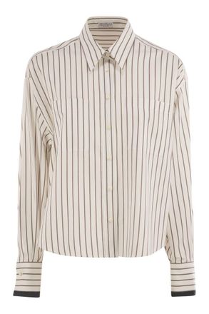 Brunello Cucinelli Brunello Cucinelli Womens Striped Cotton Twill Shirt With Shiny Cuffs - Ivory - Size Small