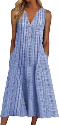 Generic Womens Casual Summer Stripe Button V Neck Sleeveless Pocket Long Dress Holiday Dress Floral Beach Party Sundress Midi Dress UK