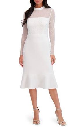 London Times Embellished Illusion Long Sleeve Midi Dress in Ivory at Nordstrom Rack, Size 4