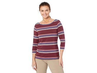 L.L.Bean Petite Soft Stretch Supima Boatneck 3/4 Sleeve Stripe Womens Clothing Deep Wine Stripe : PL, Spandex/Cotton
