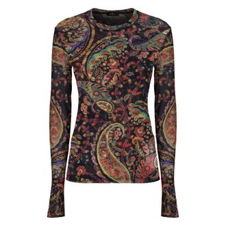 Etro Long Sleeve T-Shirts, female, Multicolor, XS, Stretch Tulle Top with Geometric Paisley Motif