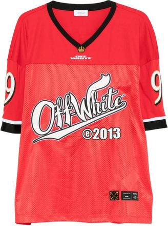 Off-white Tops, Heren, Rood, M, Rode Mesh V-hals T-shirt met Nummer Print