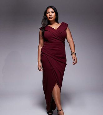 Tfnc Plus Vestito al polpaccio avvolgente con scollo Bardot color vinaccia-Rosso