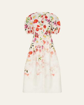Gabriela Hearst Ignis Degrade Floral-Print Linen Puff-Sleeve Midi Dress