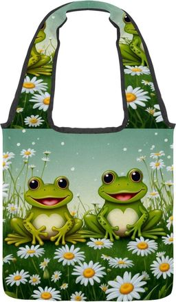 Generic Frog Daisy Reversible Canvas Shoulder Tote - Double-Sided Print, 12oz Cotton, 27cm Drop, Fold-Flat Bag for Travel, Shopping, Street Outings