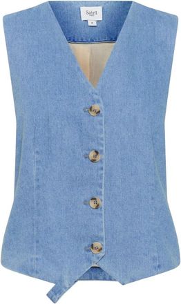 Saint Tropez Blauwe Rookvest met V-Hals Knopen - Dames - Gillet - Blauw - XS - Kostuums