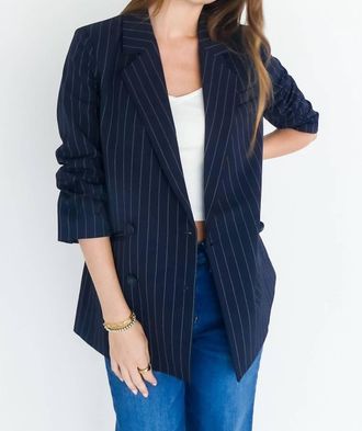 Bishop + Young Madison Ruched Sleeve Blazer In Navy Pinstripe