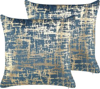 Beliani Conjunto De 2 Cojines De Poli&eacute;ster Azul Dorado Patr&oacute;n Met&aacute;lico 45 X 45 Cm Efecto Craquelado Gardenia