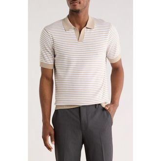 14th & Union Short Sleeve Johnny Collar Knit Top in Tan- White Evan Stripe at Nordstrom Rack, Size Xx-Large