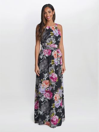 Gina Bacconi Womens Claudia Printed Halter Maxi Dress With Belt - Black - Size 12 UK