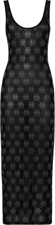 Philipp Plein Long Dress Monogram Strass - Dames - Maxi kleedjes - Zwart - XL - Katoen - Kleedjes