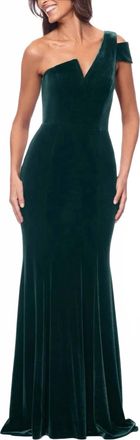 Betsy & Adam One-Shoulder Velvet Mermaid Gown In Hunter Green