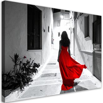 Feeby Impresi&oacute;n De Imagen, Mujer Con Vestido Rojo Caminando Por Una Calle Estrecha, 120x80