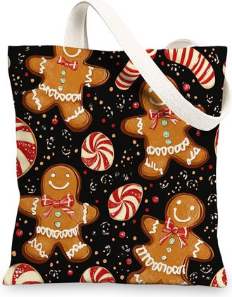 Generic Seamless Christmas Gingerbread Man Canvas Tote Bag for Shopping 13x15, Fun Candy Xmas Reusable Grocery Print Bag for Women Men, Holiday New Year Aesth