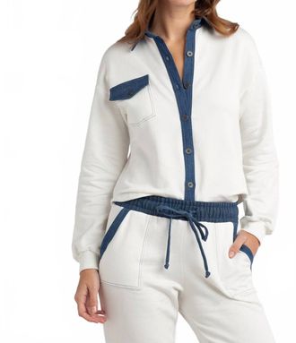 Red Haute Denim Accent Boyfriend Shirt In Ivory
