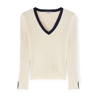 Motivi Tweekleurige geribbelde trui - Dames - V-hals truien - Wit - L - Nylon - Truien & Vesten