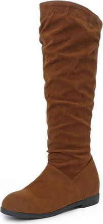 Generic Womens Knee High Slouchy Boots Comfort Round Toe Hidden Low Wedge Heels Winter Warm Shoes Wide Calf Pull On (5.5,Brown)