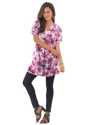 Roaman's Plus Size Ultimate Cotton V-Neck Short Sleeve Tunic in Rose Dreamy Floral at Nordstrom, Size 1X