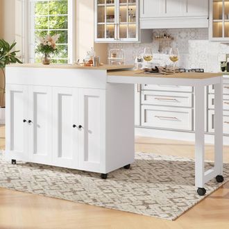 Merax Extendable Kitchen Island with Pull-out Dining Table for Dining Room in White