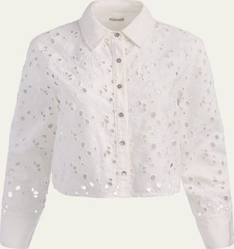 Alice & Olivia Finely Laser-Cut Denim Cropped Shirt