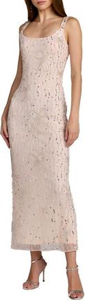 Mac Duggal Beaded Mesh Scoop Neck Ankle Dress With Bows in Blush at Nordstrom, Size 10