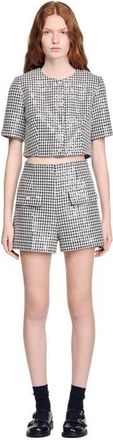 Sandro Sequin houndstooth tweed shorts in Black /White at Nordstrom, Size 40 Eu