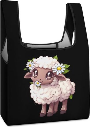 Generic Cute Sheep with Flower Shopping Bag Reusable Grocery Tote Bag Foldable Handbag for Travel Picnic