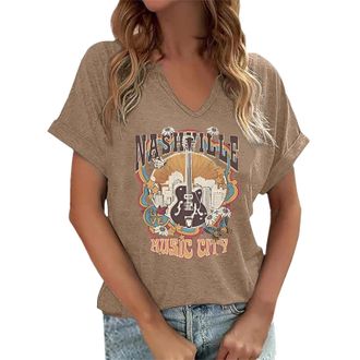Generic Short Sleeve Shirts for Women Vintage Rock Band T Shirt for Women Fashion Musical Tees Casual Sexy Notched V-Neck T Shirts Country Music Short Sleeve 