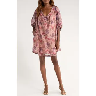 Melloday Bubble Sleeve Shift Dress in Pink Floral at Nordstrom Rack, Size X-Large
