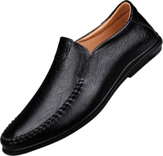 Generic Mens Loafers Genuine Leather Stitching Details Round Toe Breathable Anti-Slip Comfortable Flexible Casual Fashion Slip On(Black,6.5 UK)