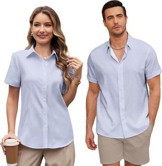 Generic Womens Casual Short Sleeved Shirts Regular Fit Button Down Holiday Beach Shirt Sky Blue