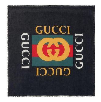 Gucci Black Logo Print Wool & Silk Scarf