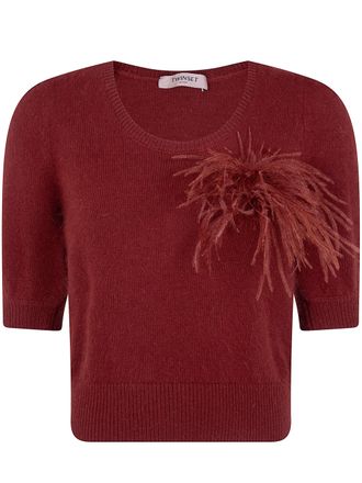 Twin-Set Sweater Short Sleeves Round Neck With Feathers
