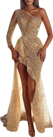 Generic Evening Dress Womens Long Gold Sexy Glitter Dress Curvy Party Dress Elegant Wedding Evening Dresses Long Sleeve Cocktail Dress Mermaid Dress One Shoul
