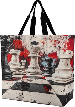 Generic Chess Paiting Large Reusable Shopping Bag Lightweight Foldable Tote Bags Washable Shoulder Handbag