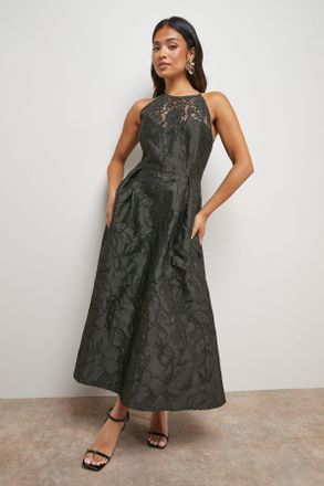 Oasis Womens Petite Lace Yoke Jacquard Midi Prom Dress - Charcoal - Size 16 UK