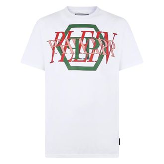 Philipp Plein Tops, Heren, Wit, 2Xl, Katoen, Rondhals T-Shirt Logo Hexagon