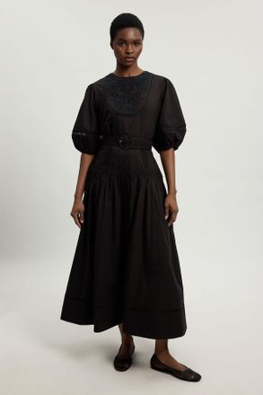 Karen Millen Womens Poplin Belted Midi Dress - Black Cotton - Size 12 UK