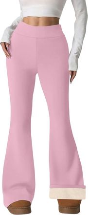 Generic Fleece Lined Leggings Women Soft Thermal Flared Leggings High Waisted Winter Warm Trousers Bottoms with Pockets (Pink, M)