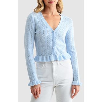 All in Favor Pointelle Ruffle Hem Crop Cardigan in Light Blue at Nordstrom, Size X-Small
