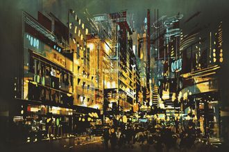 Queence Leinwandbild »Beleuchtete Stadt« Amerika Fahrzeuge Gebäude Menschen Städte Premium-Leinwandstoff, Handarbeit aus Deutschland