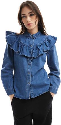 Only long sleeve frill denim shirt in mid blue wash