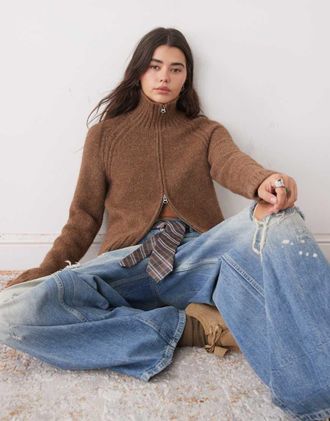 Weekday Cardigan in maglia misto lana effetto peloso marrone m&eacute;lange con zip